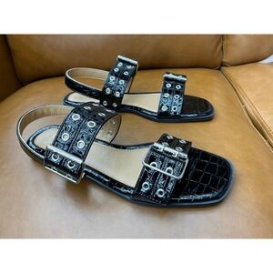 Yoki Holly-33 Sandals Womens 9 Black New Croc Embossed Buckle Grommet Flat